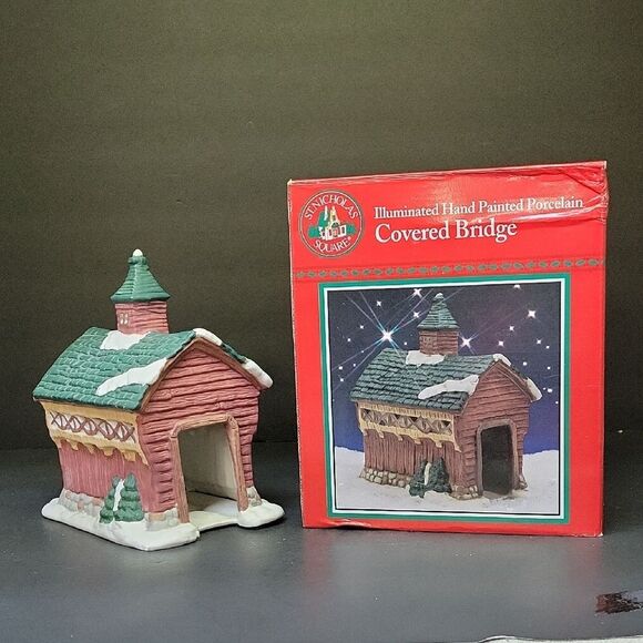 St Nicholas Square Covered Bridge  Christmas Village House Porcelain - Picture 1 of 8